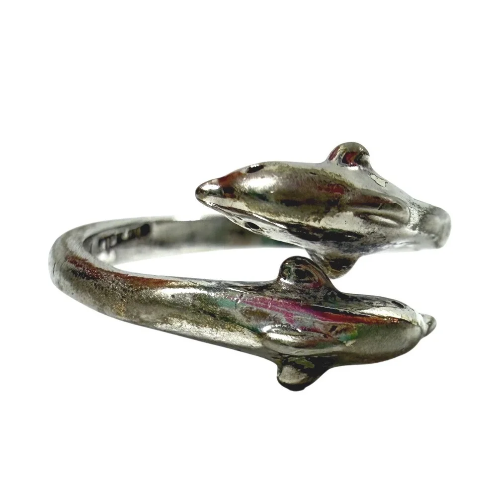 Vintage Sterling Silver 925 Double Dolphin Wrap Ring Size 5 Nautical 90s 00s Y2K